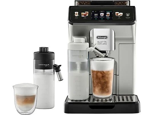 Machine à café automatique avec broyeur - De'Longhi Eletta Explore Cold Brew ECAM450.65.S, Broyeur intégré, Tactile, Boissons chaudes et froides, 1450 W, 19 bars, Argent